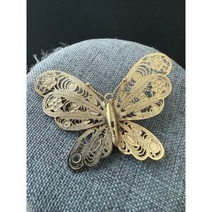 Vintage Fillegree Butterfly Brooch Pin Gold Tone Handcrafted Whimsy Fairycore